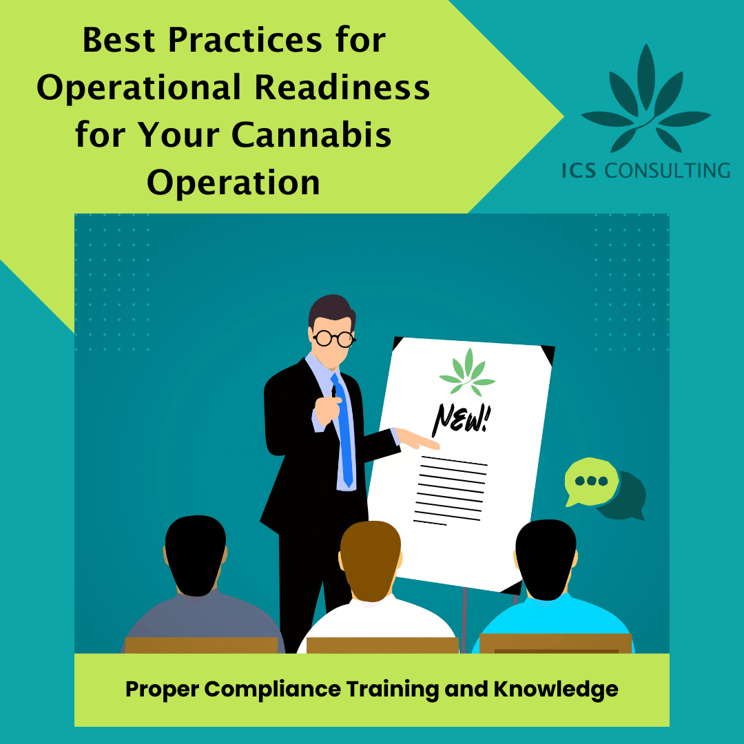 Illustration of a business presentation about cannabis operation readiness, featuring a presenter, audience, and a paper with a cannabis leaf graphic. Includes text 'Best Practices for Operational Readiness for Your Cannabis Operation' and logo 'ICS 