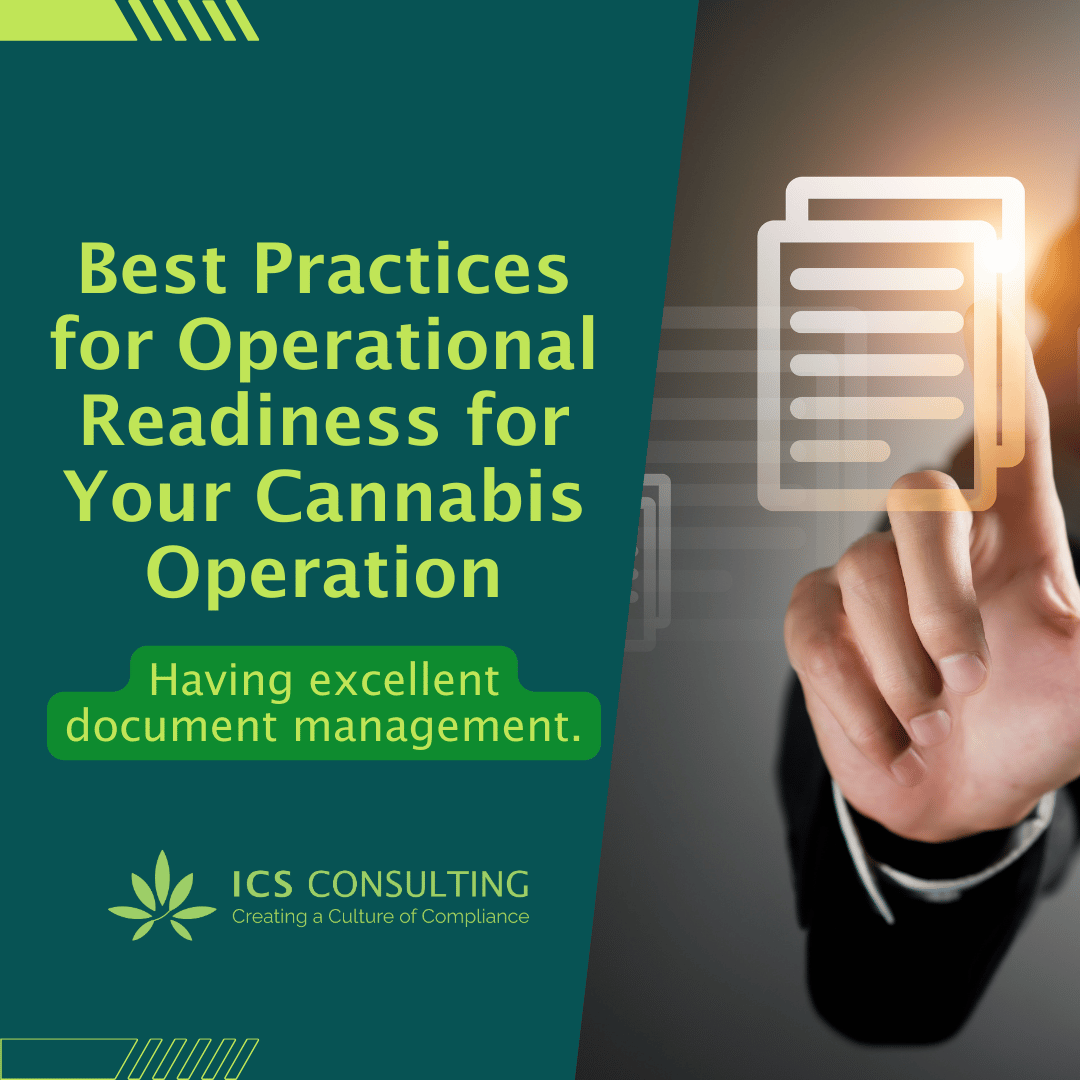 Promotional image for ICS Consulting featuring text on operational readiness for cannabis operations and document management, with a hand interacting with a digital document icon.