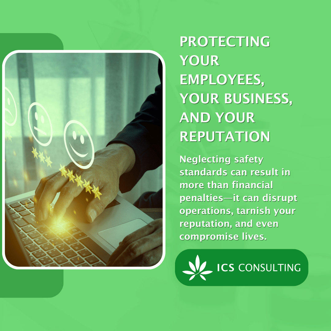 ICS Consulting advertisement highlighting employee and business protection with text about the importance of safety standards. Image shows a person typing on a laptop with smiling face icons and star ratings.