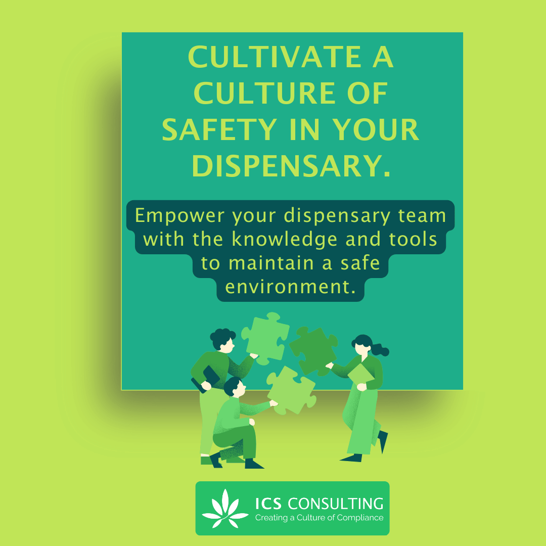 Illustration featuring four people assembling puzzle pieces, promoting safety in dispensaries. Includes text: 'Cultivate a culture of safety in your dispensary. Empower your dispensary team with knowledge and tools to maintain a safe environment.' At