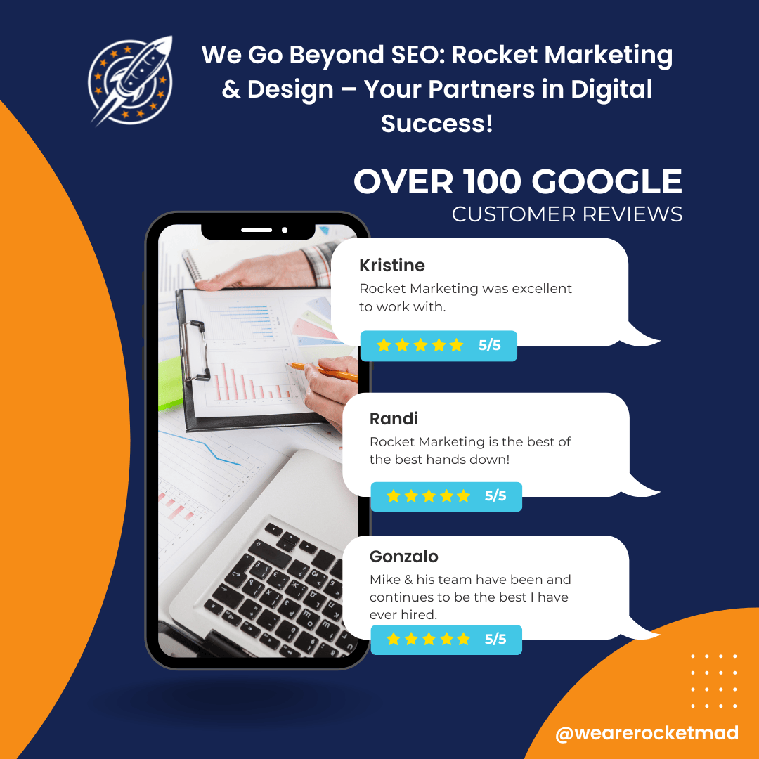 Promotional graphic for Rocket Marketing & Design featuring a smartphone with charts, customer reviews highlighting 5 out of 5 star ratings, and a message about over 100 Google reviews.
