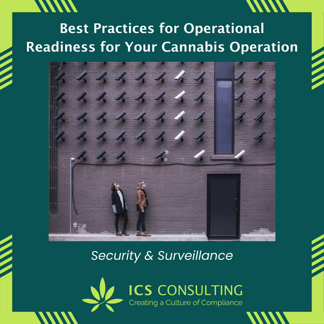 Wall with numerous security cameras and two people standing, text overlay "Best Practices for Operational Readiness for Your Cannabis Operation." ICS Consulting logo with tagline "Creating a Culture of Compliance."