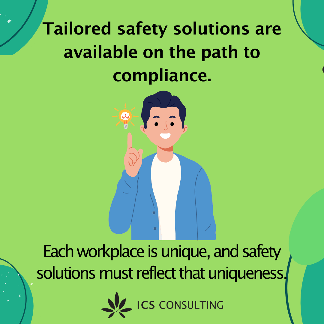 Illustration with text emphasizing tailored safety solutions for compliance, featuring a smiling person pointing to a light bulb icon, with ICS Consulting logo at bottom.