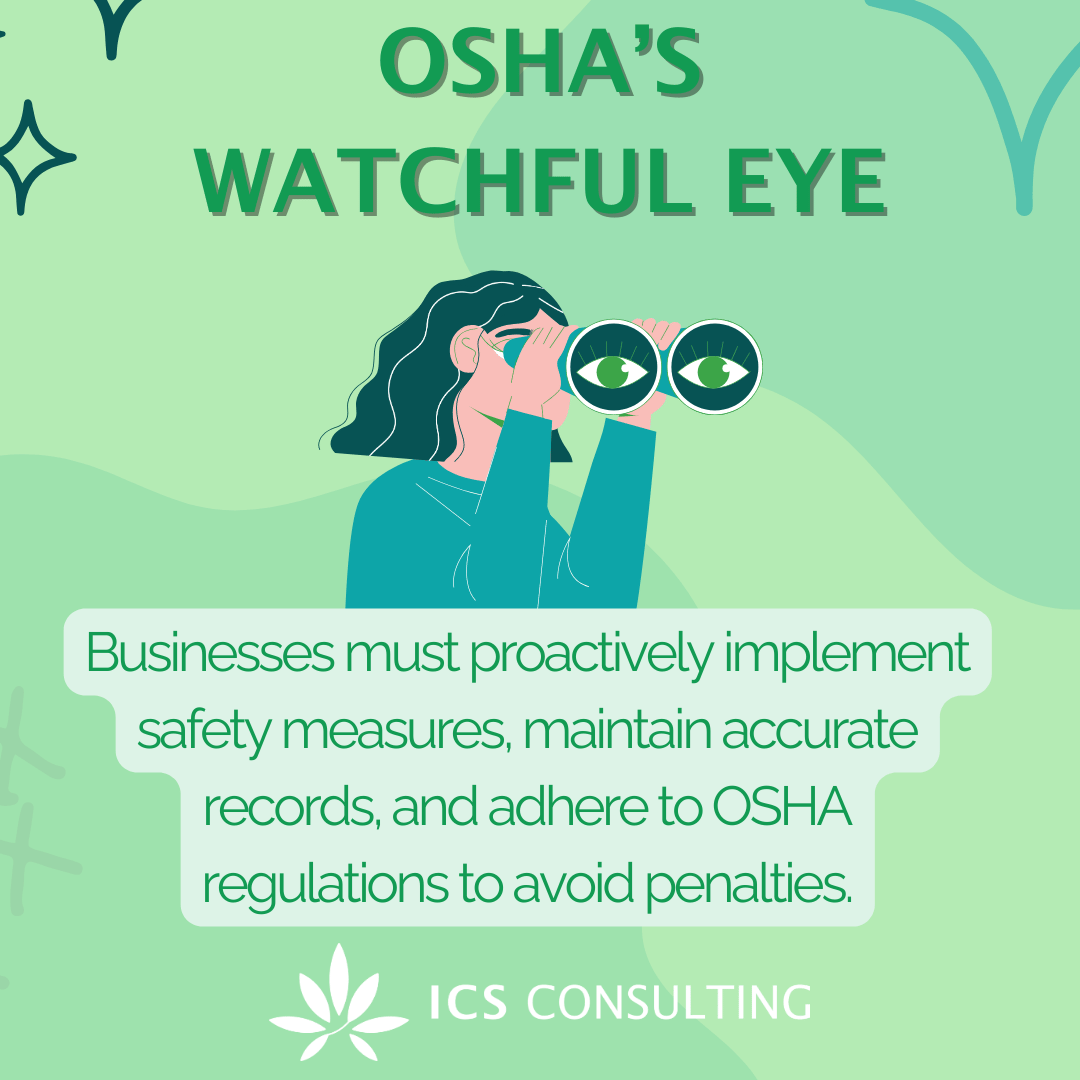 Illustration of a person looking through binoculars with the text 'OSHA's Watchful Eye' above them. Below, a message emphasizes the importance of businesses implementing safety measures and adhering to OSHA regulations to avoid penalties. The logo fo