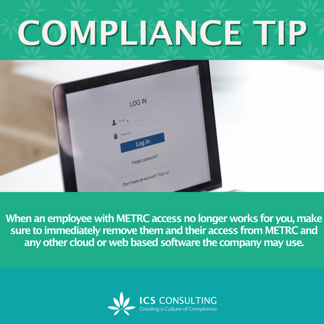 Image of a tablet screen showing a login page with email and password fields, against a background of a "Compliance Tip" message about removing access for former employees. The bottom text reads: "ICS Consulting - Creating a Culture of Compliance."