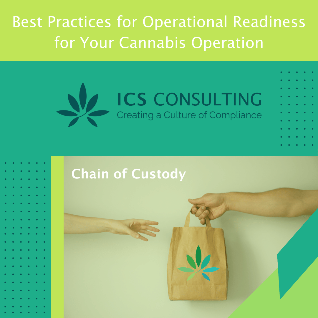 Promotional image for ICS Consulting about best practices for operational readiness in cannabis operations. Features the text "Chain of Custody" and an image of hands exchanging a paper bag with a cannabis leaf logo.