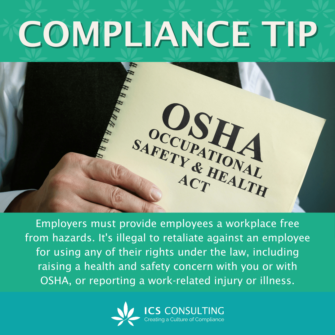 A "Compliance Tip" poster with an image of a person holding a document titled "OSHA Occupational Safety & Health Act." The text advises employers to provide a workplace free from hazards and states it is illegal to retaliate against employees for exe