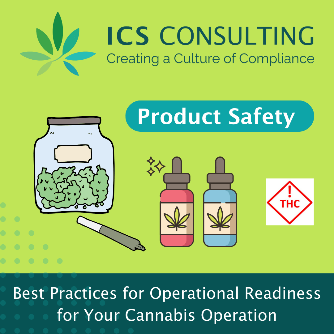 Cannabis product safety promotional image for ICS Consulting featuring a jar of cannabis, vape pen, THC warning symbol, and two liquid bottles.