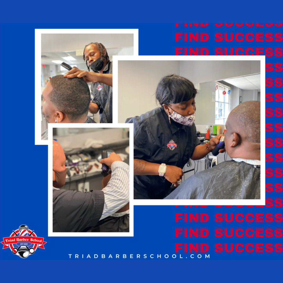 Collage of barbers at work from Triad Barber School with blue background and text "FIND SUCCESS.”