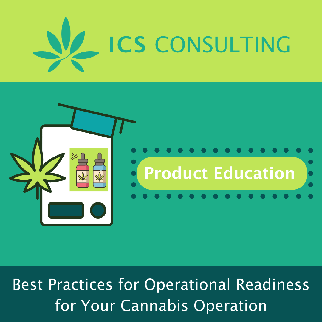 ICS Consulting graphic featuring cannabis leaves, dropper bottles, and text discussing product education and best practices for cannabis operations.
