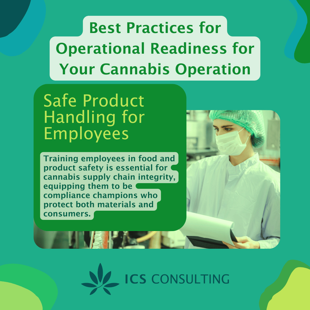 Infographic on best practices for cannabis operations, featuring "Safe Product Handling for Employees." It includes a masked worker in protective clothing and text emphasizing the importance of training in food safety for supply chain integrity. Bran