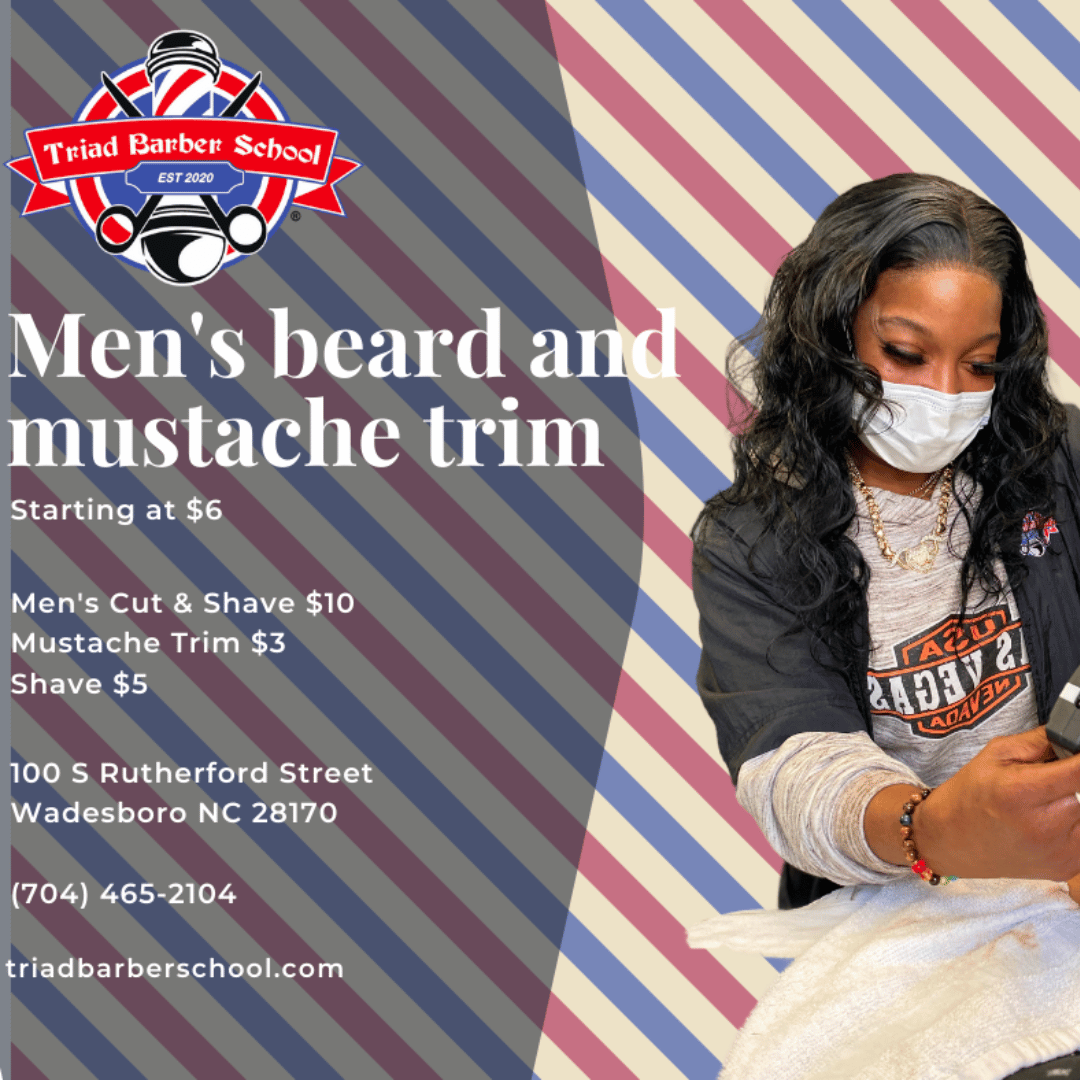Triad Barber School promotional flyer for men's grooming services with a barber and pricing details.
